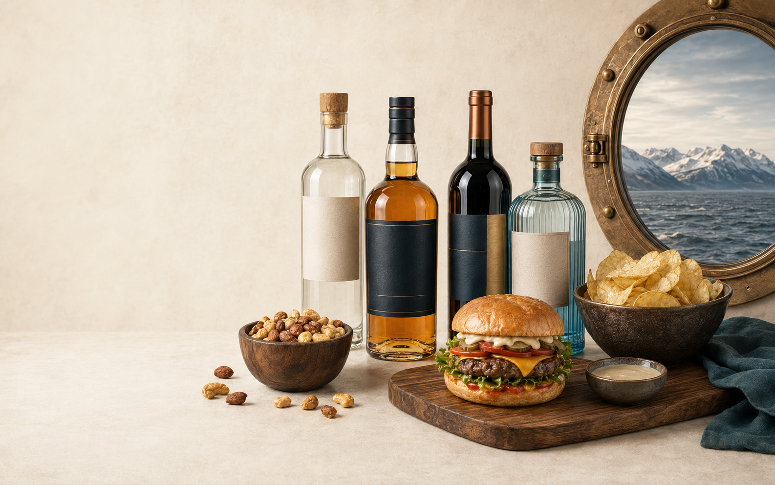 Botellas, hamburguesa y snacks junto a una vista del Estrecho de Magallanes